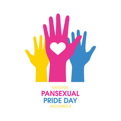 Pansexual Pride Day vector. Pansexual pride flag human hands up vector. Raised hand with heart shape icon isolated on a white background. LGBT design element. December 8. Important day