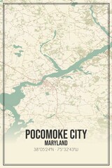 Retro US city map of Pocomoke City, Maryland. Vintage street map.