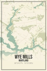 Retro US city map of Wye Mills, Maryland. Vintage street map.