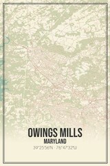 Retro US city map of Owings Mills, Maryland. Vintage street map.