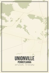 Retro US city map of Unionville, Pennsylvania. Vintage street map.
