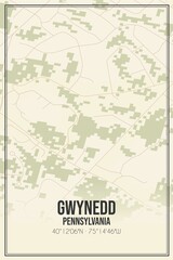 Retro US city map of Gwynedd, Pennsylvania. Vintage street map.