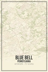 Retro US city map of Blue Bell, Pennsylvania. Vintage street map.