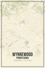 Retro US city map of Wynnewood, Pennsylvania. Vintage street map.