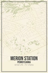 Retro US city map of Merion Station, Pennsylvania. Vintage street map.
