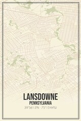 Retro US city map of Lansdowne, Pennsylvania. Vintage street map.