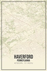 Retro US city map of Haverford, Pennsylvania. Vintage street map.