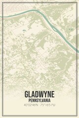 Retro US city map of Gladwyne, Pennsylvania. Vintage street map.