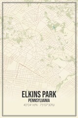 Retro US city map of Elkins Park, Pennsylvania. Vintage street map.