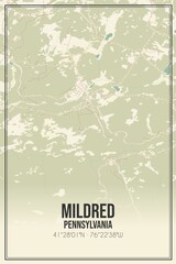 Retro US city map of Mildred, Pennsylvania. Vintage street map.
