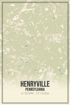 Retro US city map of Henryville, Pennsylvania. Vintage street map.