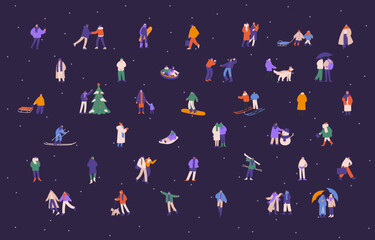 Winter holiday funs and outdoor leisure activities set. Active people on snowboard, ski, skate, sleigh at wintertime. Families, kids, couples, friends in cold weather. Flat vector illustrations