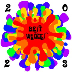 Carte de Voeux carrée pour la nouvelle année 2023 avec des taches de peinture multicolores originales : meilleurs voeux en anglais sur fond sobre blanc