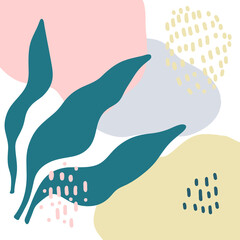 Abstract art with shapes and leaves. Hand drawn abstract contemporary modern trendy vector illustration.