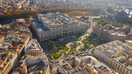 Aerial view of the Palace of Justice, also known as Palazzaccio. It's the seat of the italian Supreme Court of Cassation. It's located in the Prati district in Rome, Italy. 