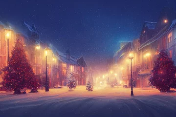 Ein wunderschönes digitales Kunstwerk der verschneiten Straße mit Weihnachtsbäumen und Lichtern, digitaler Kunststil, Illustrationsmalerei © X-Poser