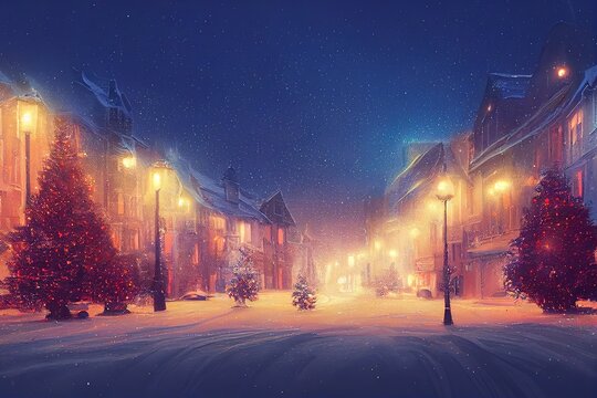 A Beautiful digital artwork of Snowy street with Christmas trees and lights, digital art style, illustration painting