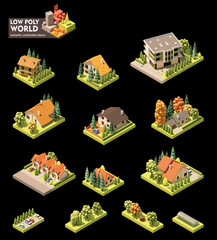 Vector isometric world map creation set. Combinable map elements. Countryside or village map. Buildings, trees, gazebo