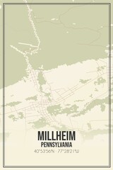 Retro US city map of Millheim, Pennsylvania. Vintage street map.