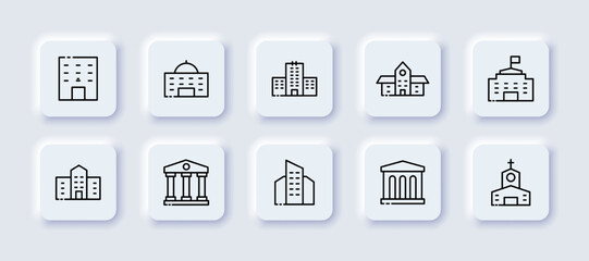 Buildings set icon. Schooul, university, church, parliament, temple, museum, theatre, columns, engineering. Architecture concept. Neomorphism style. Vector line icon for Business and Advertising