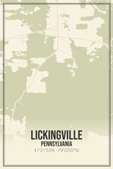 Retro US city map of Lickingville, Pennsylvania. Vintage street map.