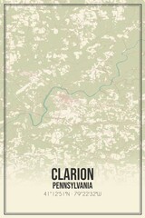 Retro US city map of Clarion, Pennsylvania. Vintage street map.