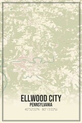 Retro US city map of Ellwood City, Pennsylvania. Vintage street map.