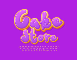 Fototapeta na wymiar Vector bright Signboard Cake Store. Sweet Donut Font. Funny handwritten Alphabet Letters and Numbers set