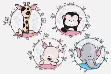 Happy Animal with Beauty Wreath Flower. Set of funny cartoon animals