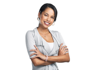 PNG Studio shot of a confident young businesswoman posing against a grey background