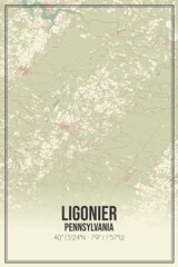 Retro US city map of Ligonier, Pennsylvania. Vintage street map.
