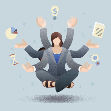 Business Woman With Multitasking Skills. Woman In Suit With Many Arms Working On Different Tasks At The Same Time. Time Management And Self Improvement. Flat Design, Vector Particles, Grain Effect