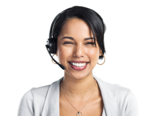 PNG Studio shot of a confident young businesswoman using a headset against a grey background