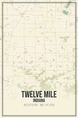 Retro US city map of Twelve Mile, Indiana. Vintage street map.