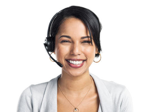 PNG Studio shot of a confident young businesswoman using a headset against a grey background