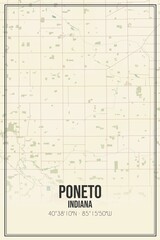 Retro US city map of Poneto, Indiana. Vintage street map.