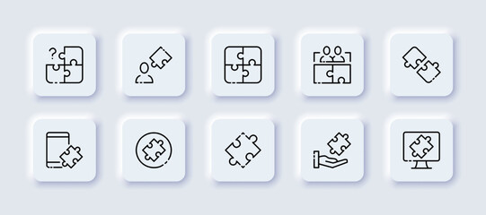 Puzzle pieces set icon. Question mark, search for answers, problem solving, creativity, hand, team, philosophy, distribute tasks, computer. Thinking concept. Neomorphism. Vector line icon for Business
