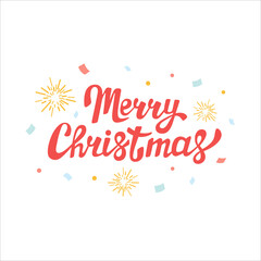 Merry christmas hand drawn lettering calligraphy with fireworks and confetti isolated on white background. Vector holiday decoration element. Merry Christmas script calligraphy