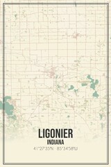 Retro US city map of Ligonier, Indiana. Vintage street map.