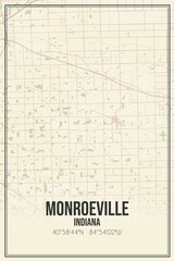 Retro US city map of Monroeville, Indiana. Vintage street map.