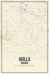 Retro US city map of Avilla, Indiana. Vintage street map.