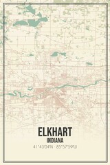 Retro US city map of Elkhart, Indiana. Vintage street map.