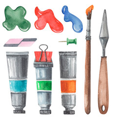 Watercolor hand-drawn painter's main tools. Isolated on white palette knife, brush and paints in tubes. 