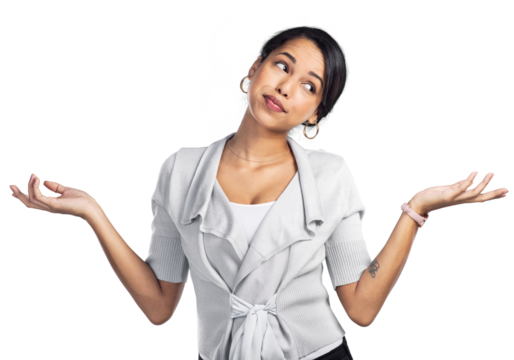 PNG Studio shot of a young businesswoman shrugging her shoulders against a grey background - Powered by Adobe