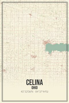 Retro US city map of Celina, Ohio. Vintage street map.