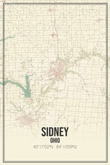 Retro US city map of Sidney, Ohio. Vintage street map.