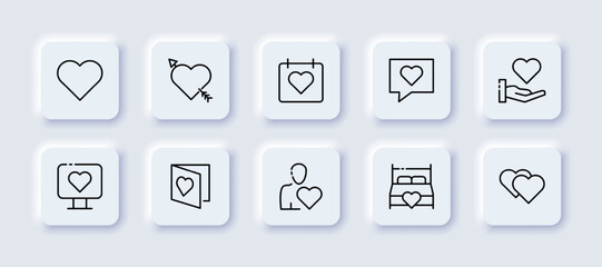 Hearts set icon. Cupids arrow, calendar, meet, love letter, message, hand, computer, postcard, couple, marital bed, wedding. Relationships concept. Neomorphism style. Vector line icon for Business