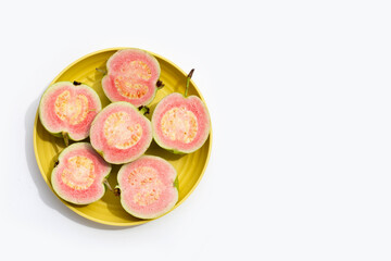 Fresh pink guava on white background.