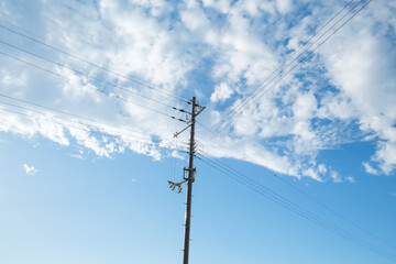 Obraz premium Nara, Japan, October 1, 2022, blue sky and utility poles