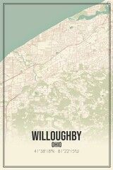 Retro US city map of Willoughby, Ohio. Vintage street map.